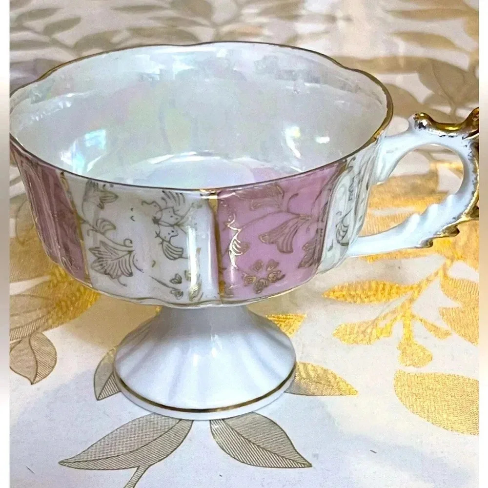 VINTAGE ROYAL SEALY WHITE PINK gold PORCELAIN IRIDESCENT footed CUP japan